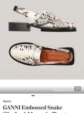 Ganni White/Black Embossed Snake Slingback Loafers with Jewel